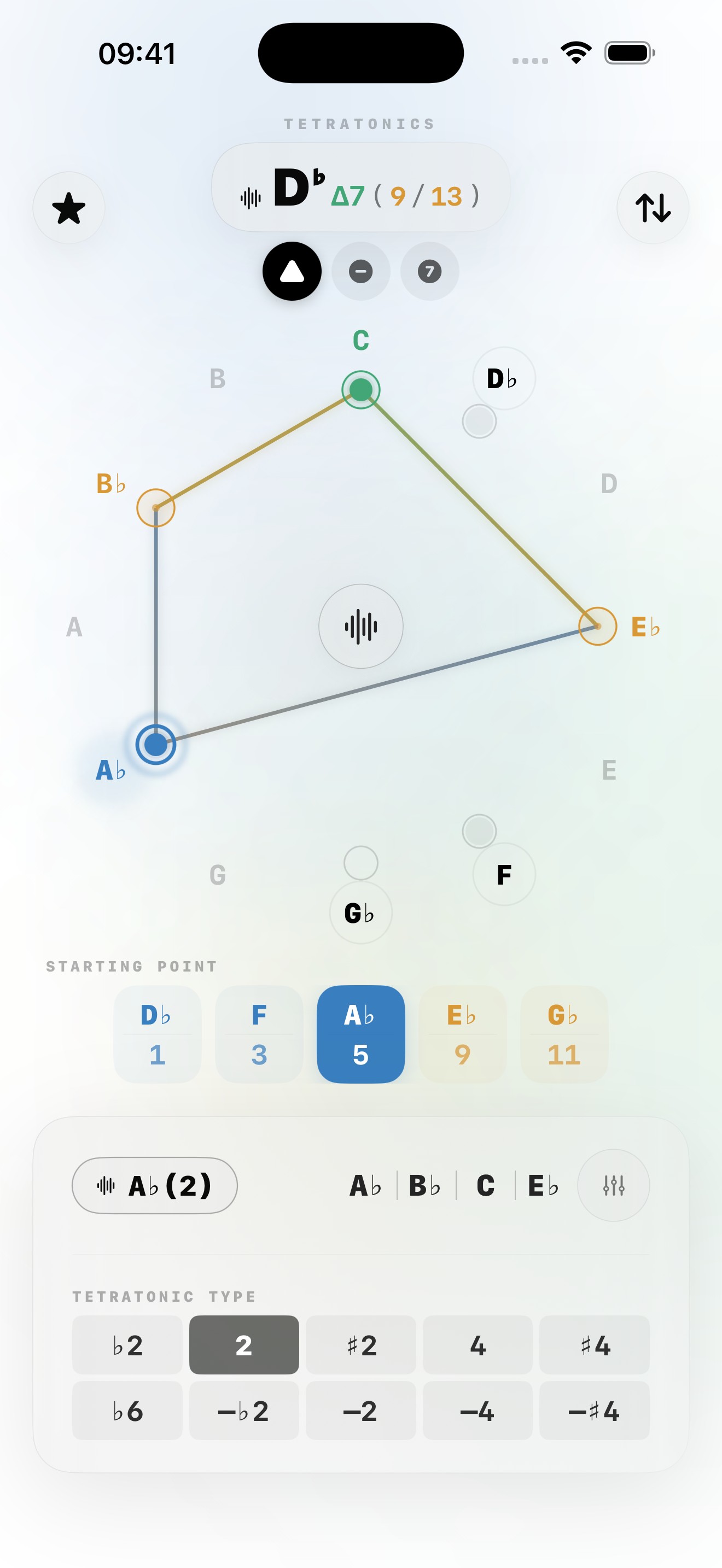 Tetratonics v2.0 — harmonic ring visualizer in light mode with audio capsule in Control Island