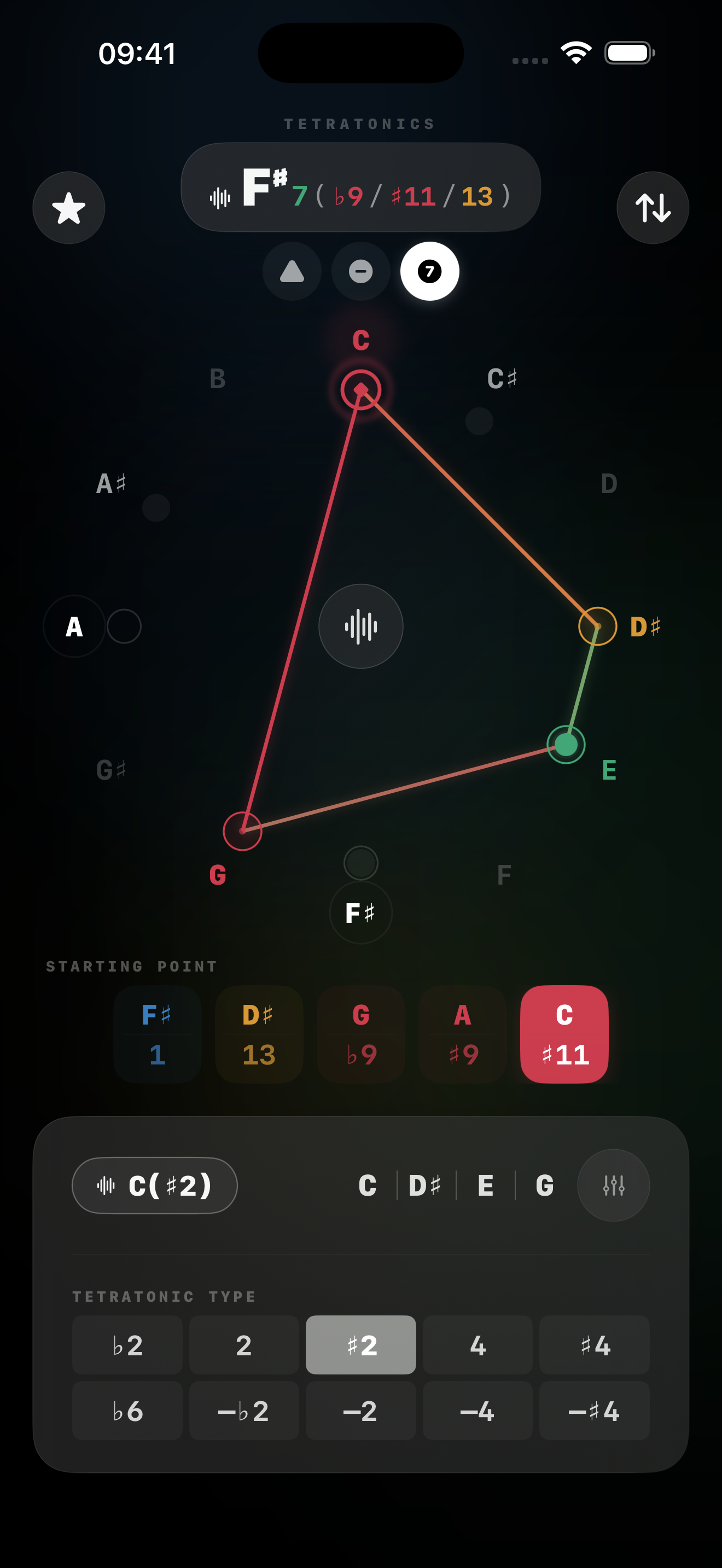 Tetratonics — altered dominant chord in dark mode with crimson tension markers