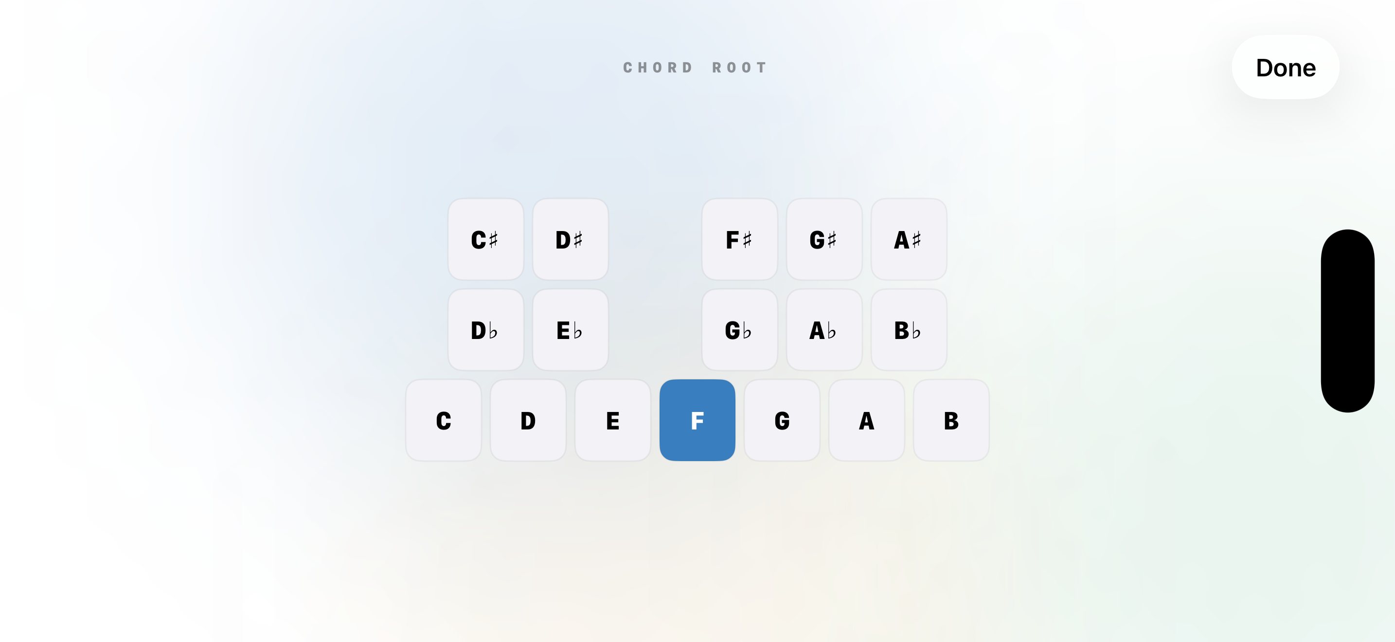 Tetratonics chord root selector — all 12 keys at a glance in landscape mode