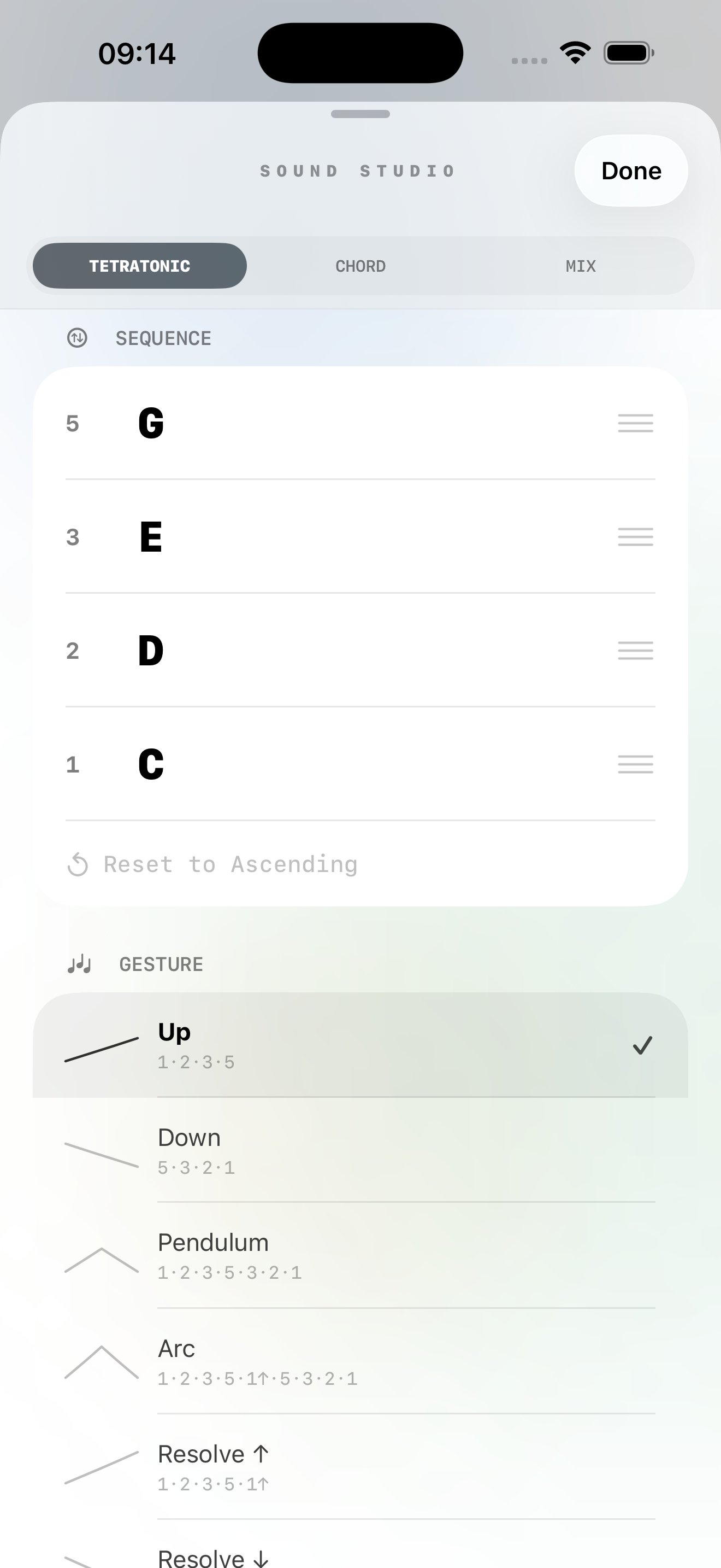 Sound Studio Tetratonic tab — drag-to-order sequencer, 7 melodic gestures, and Feel slider