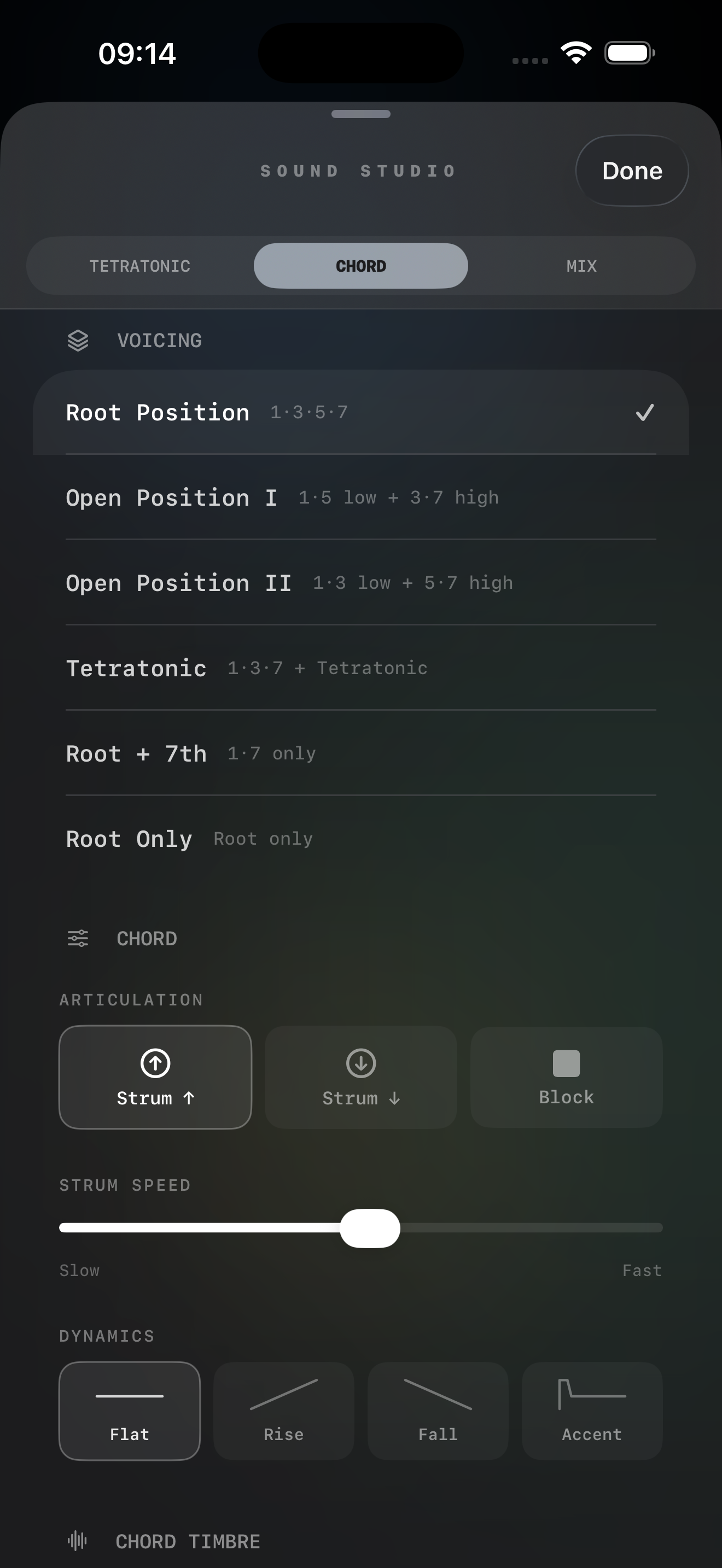 Sound Studio Chord tab — professional voicing library, articulation and dynamics controls