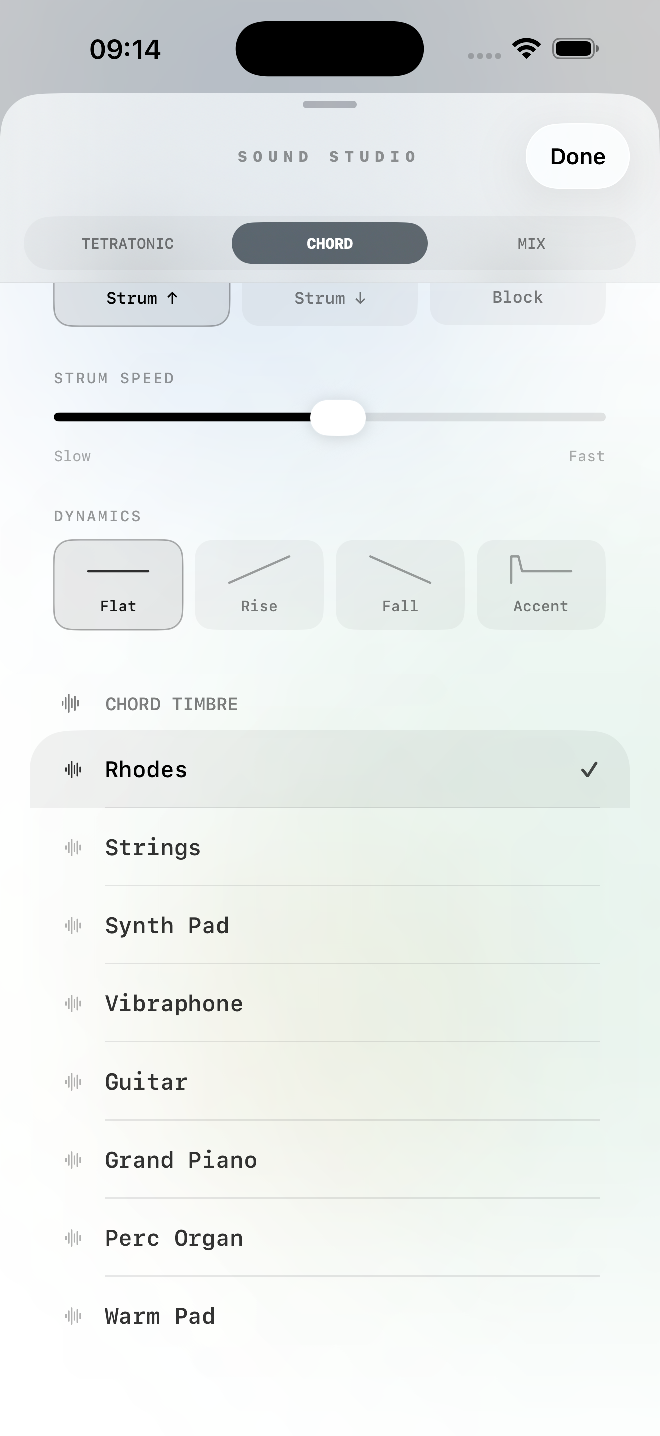Sound Studio instrument picker — 17 curated instruments with perfect loudness parity